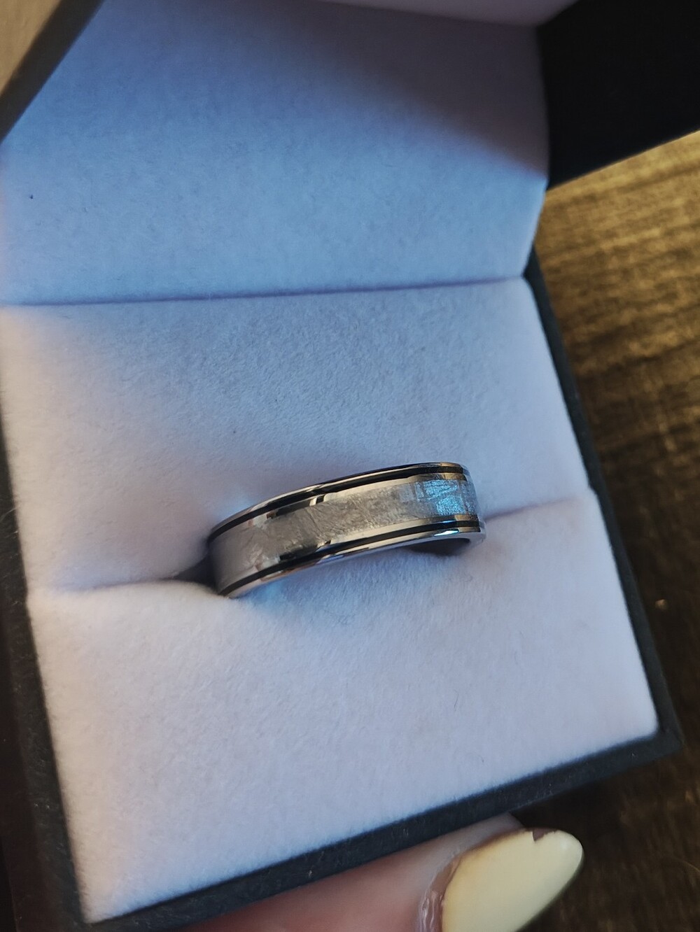 Meteorite Ring With Black Enamel Stripe Size 9.25